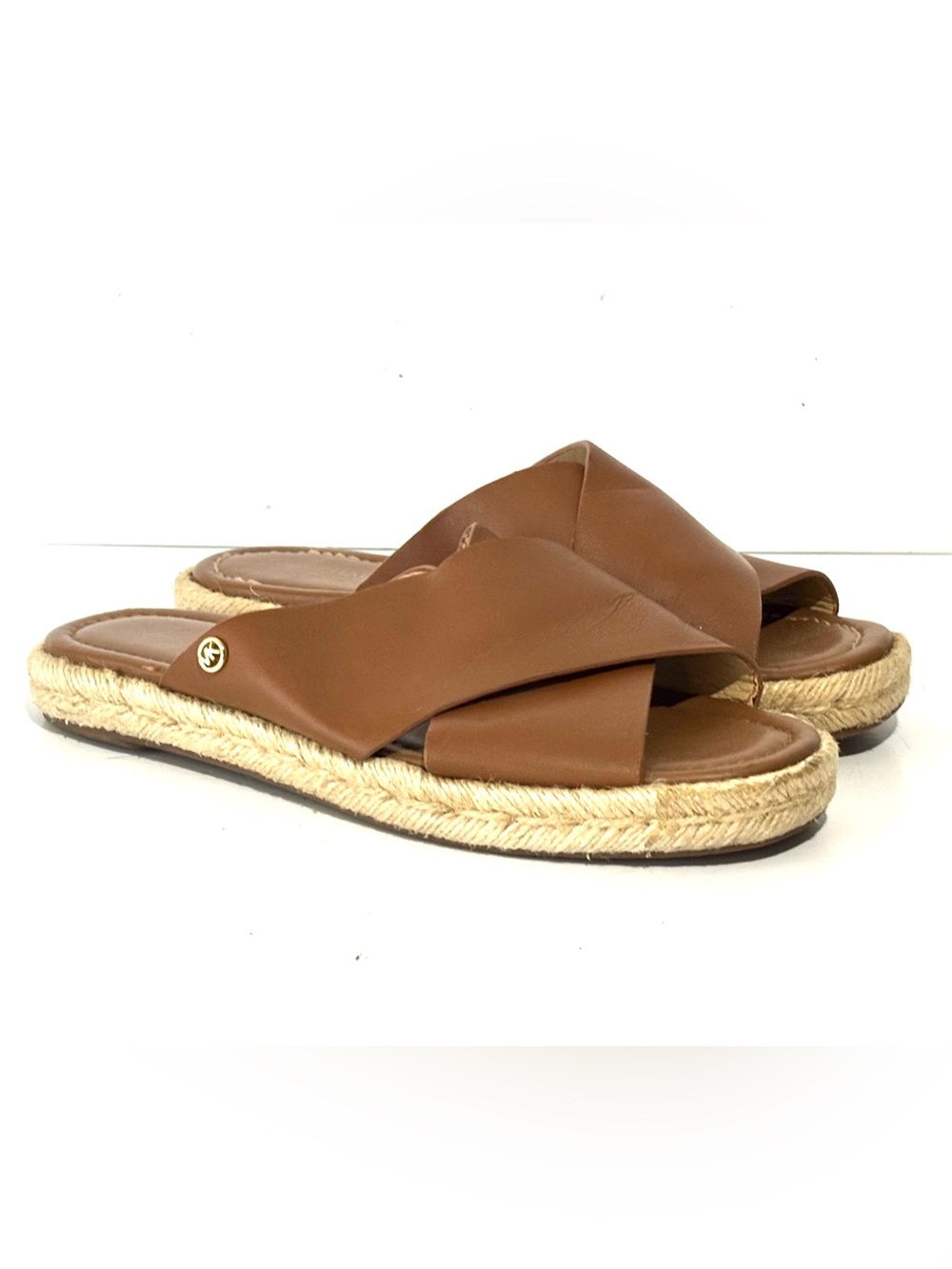 Michael Kors Linden Slides Brown
Leather Sandals espadrille jute sole Size 8 M